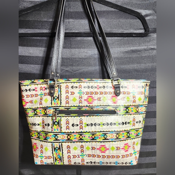 SAKROOTS Metro Coated Canvas Tote Aztec Southwest Print Cream Bohemian Bag Med - Picture 7 of 16